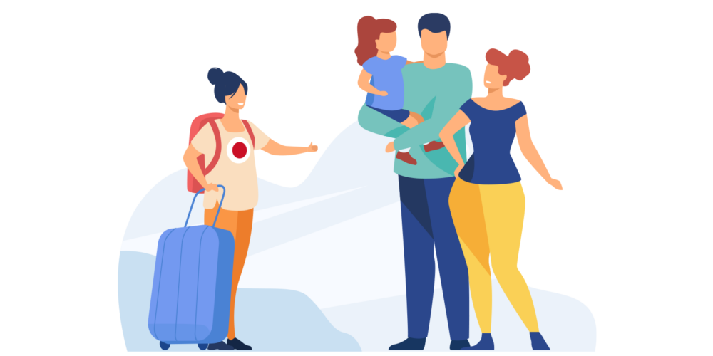 petite illustration d'une famille d'accueil accueillant un élève