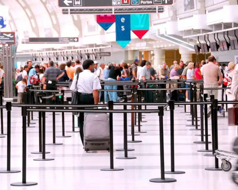 Fotografia che ritrae le transenne che ci sono in aeroporto per i controlli di sicurezza e diverse persone in coda