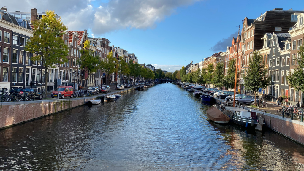 Panorama di un canale olandese circondato da case e viale alberato