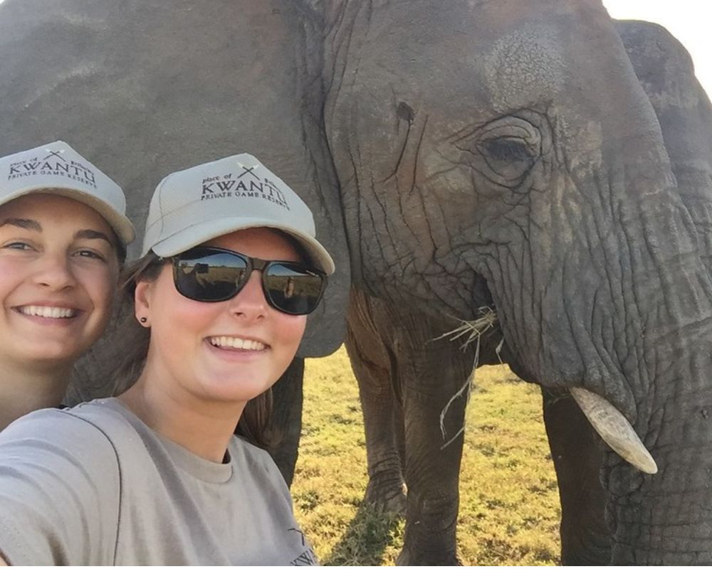 Ragazze in Sudafrica con cappellino grigio uguale, elefante dietro di loro