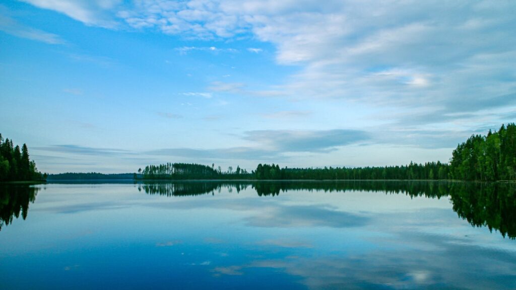 Cielo azzurro con pochi cirri bianchi che si specchia in un lago finlandese; all'orizzonte foresta di pini verde scuro
