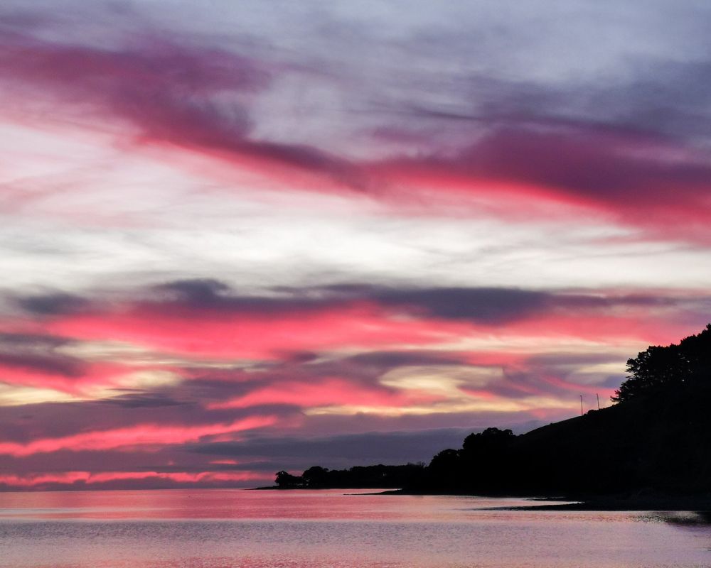 Cielo con cirri rosa, lilla e viola si specchia sul tranquillo mare neozelandese; una lingua di terra nera con vegetazione sulla destra digrada verso l’acqua