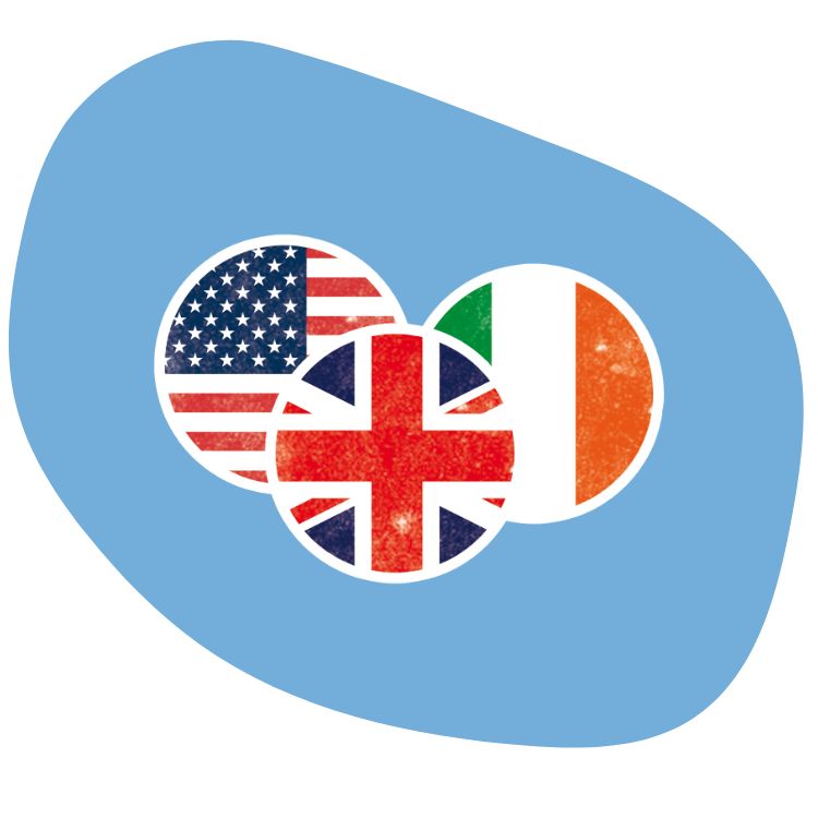 Bandiera inglese, statunitense e irlandese in cerchio su sfondo azzurro