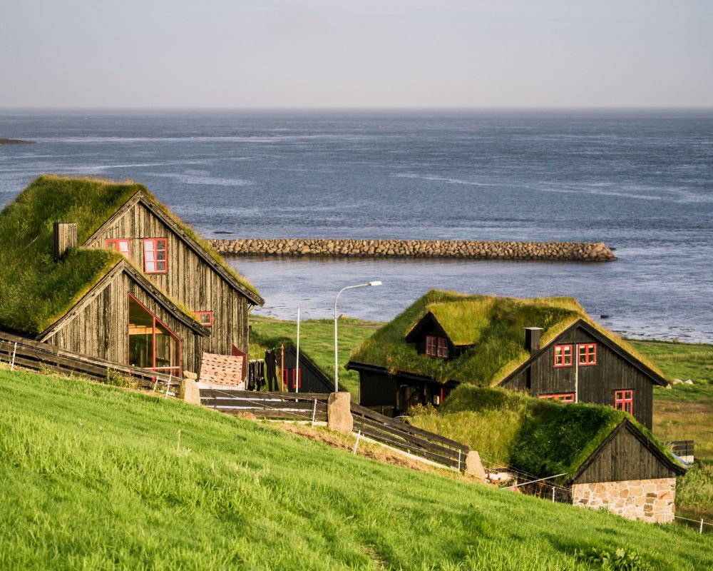 Fotografia di un tratto di costa danese: case in legno scuro e pietra con tetto di erba, collina che digrada verso il mare