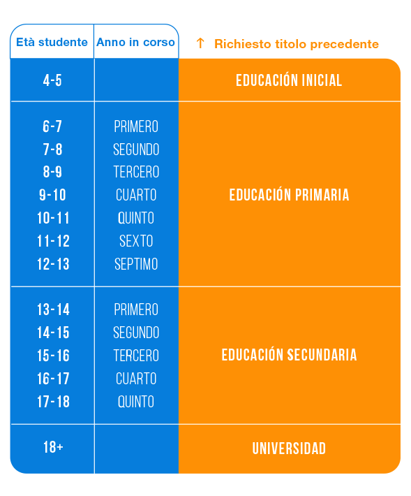 Grafico che rappresenta gli anni di frequenza, le età degli studenti e il tipo di scuola previsto dal sistema scolastico argentino
