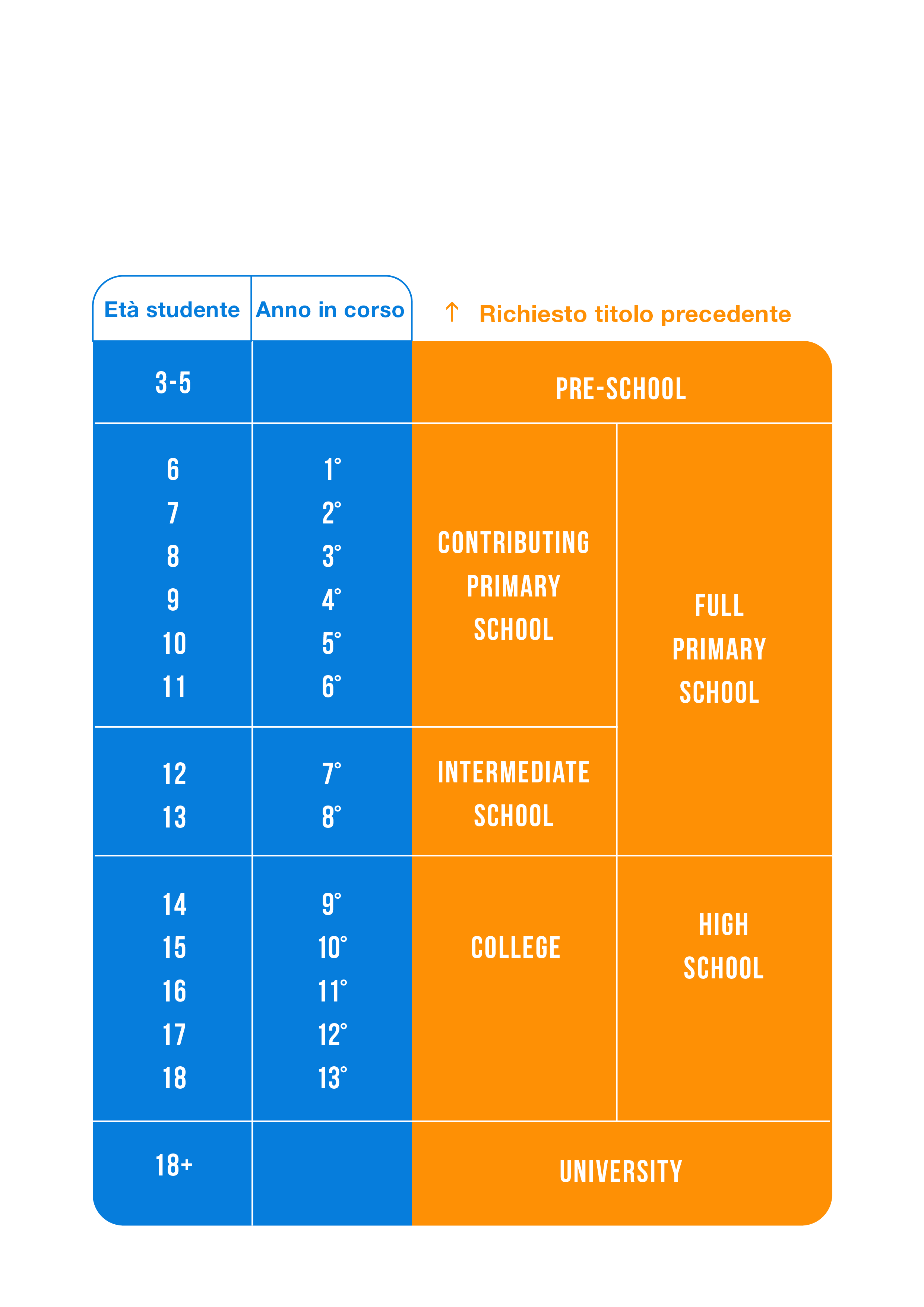 Grafico che rappresenta gli anni di frequenza, le età degli studenti e il tipo di scuola previsto dal sistema scolastico neozelandese