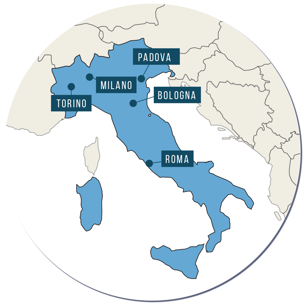 Mappa dell'Italia con pointer sulle città in cui si tiene il WEP Callenge il 25 novembre 2023