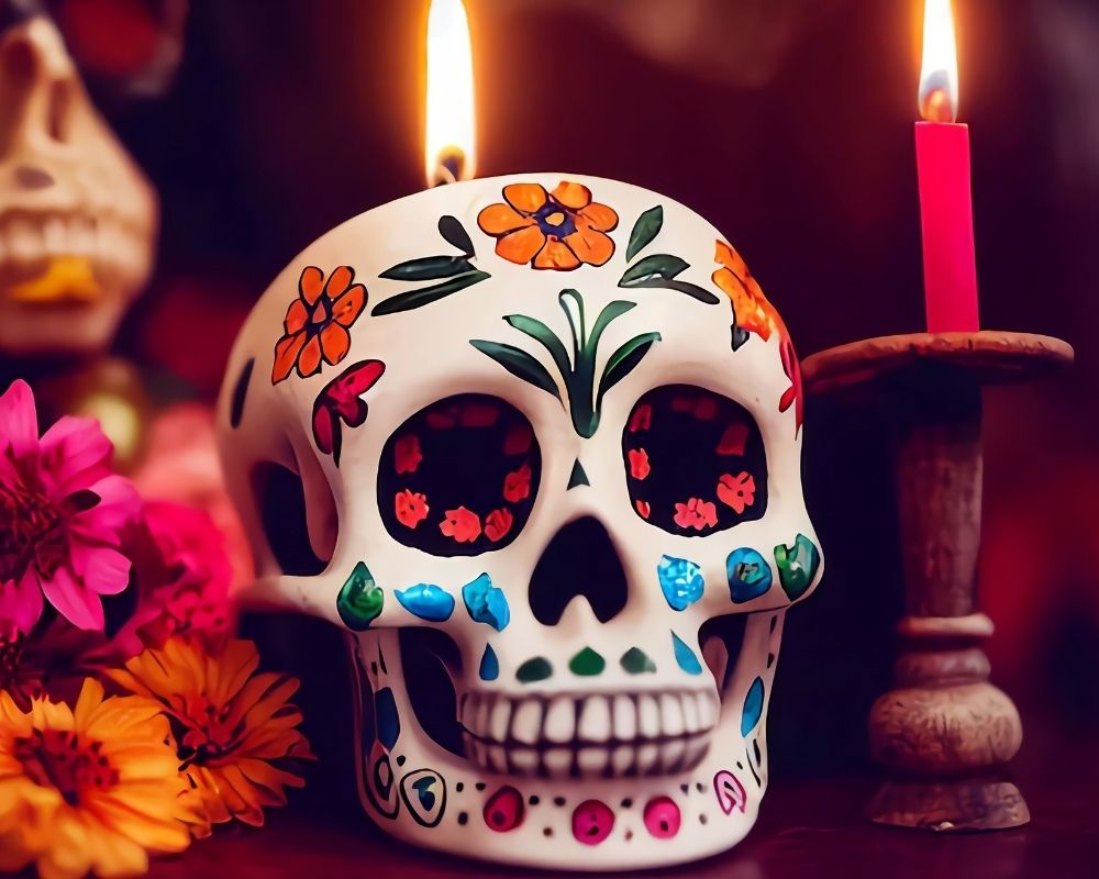 Teschio dipinto di banco decorato con fiori e inserti colorati realizzato in occasione del Giorno dei Morti in Messico