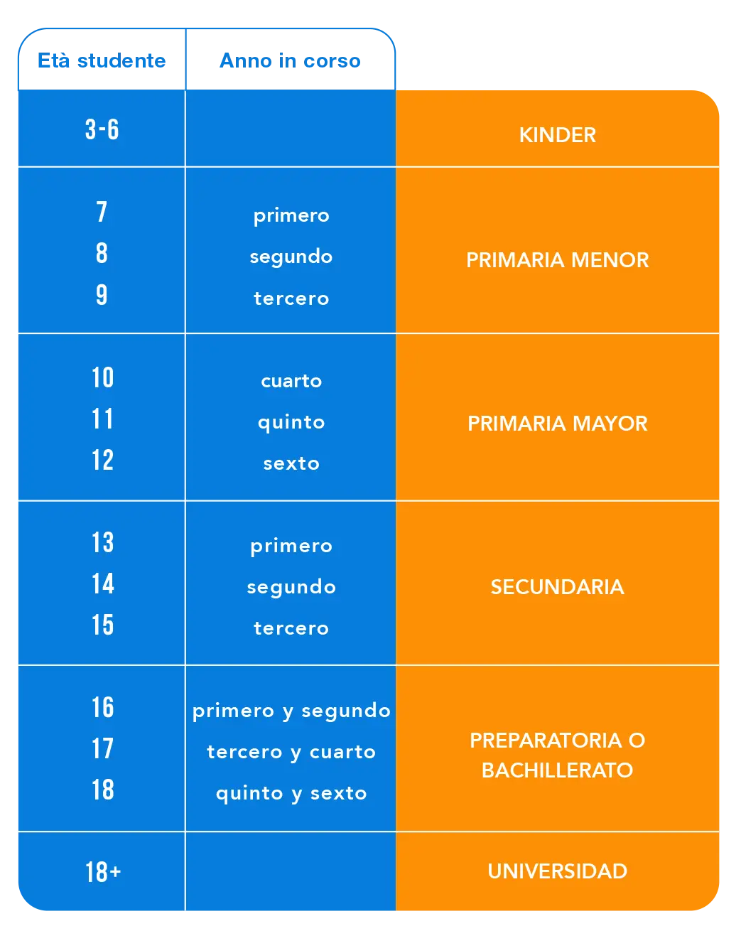 Grafico che rappresenta gli anni di frequenza, le età degli studenti e il tipo di scuola previsto dal sistema scolastico messicano