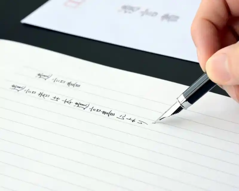 Penna stilografica con inchiostro nero che traccia su un foglio di carta a righe una colonna di caratteri giapponesi