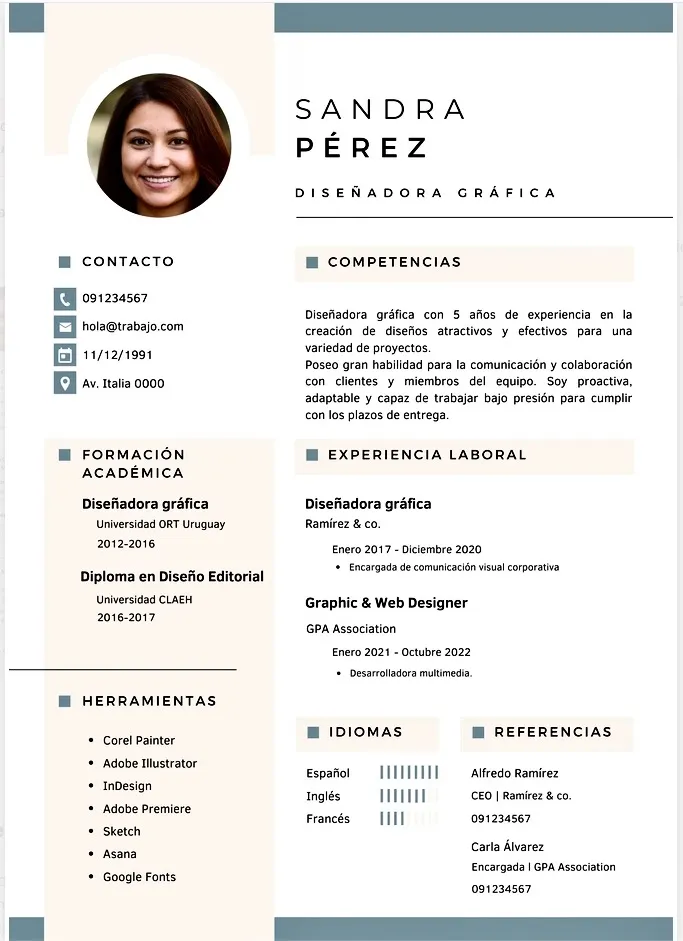 Esempio di CV in spagnolo: formato moderno con contacto, experiencia laboral e competencias