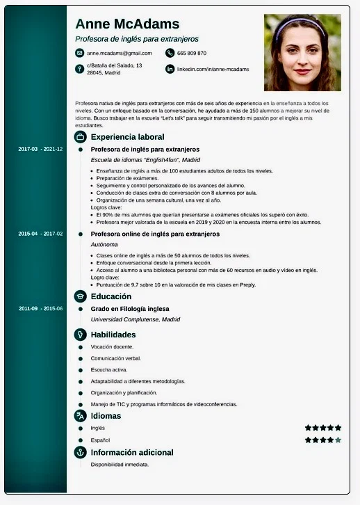 CV in spagnolo professionale: esempio con foto e sezioni educación e experiencia