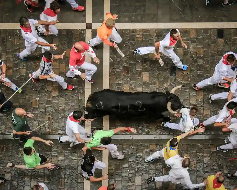 Un toro nero corre per le strade di Pamplona durante San Fermín, una delle feste tipiche spagnole
