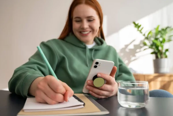 Ragazza sorridente con capelli lisci e felpa verde scrive su un quaderno le parole in tedesco che ha imparato usando un un'app.