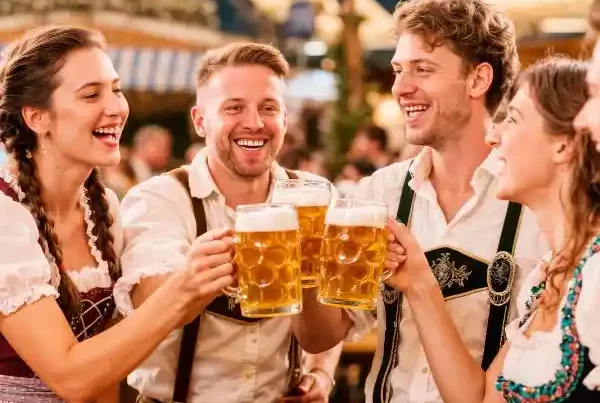 Giovani tedeschi in abiti tradizionali simbolo della Germania si divertono mentre bevono birra