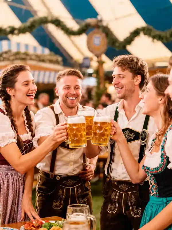 Giovani tedeschi in abiti tradizionali simbolo della Germania si divertono mentre bevono birra