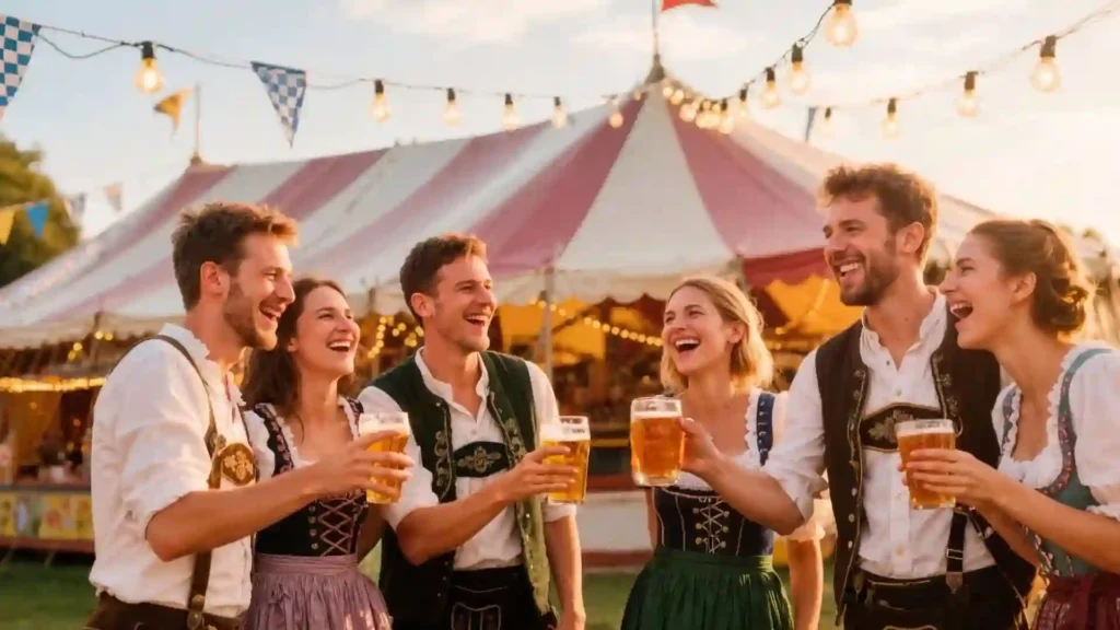 Giovani tedeschi in abiti tradizionali simbolo della Germania si divertono mentre bevono birra