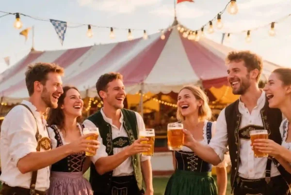 Giovani tedeschi in abiti tradizionali simbolo della Germania si divertono mentre bevono birra