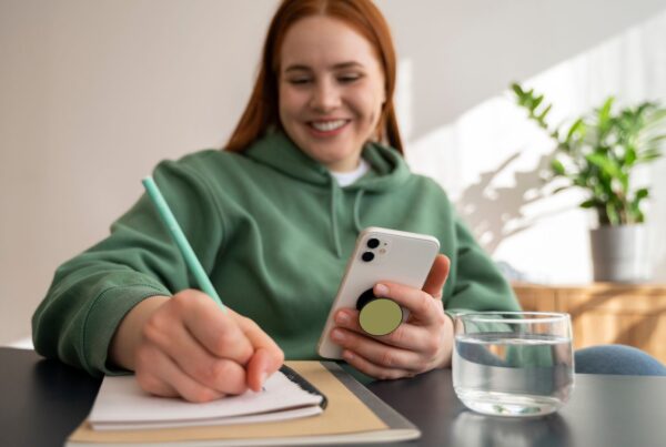 Ragazza sorridente con capelli lisci e felpa verde scrive su un quaderno le parole in tedesco che ha imparato usando un un'app.