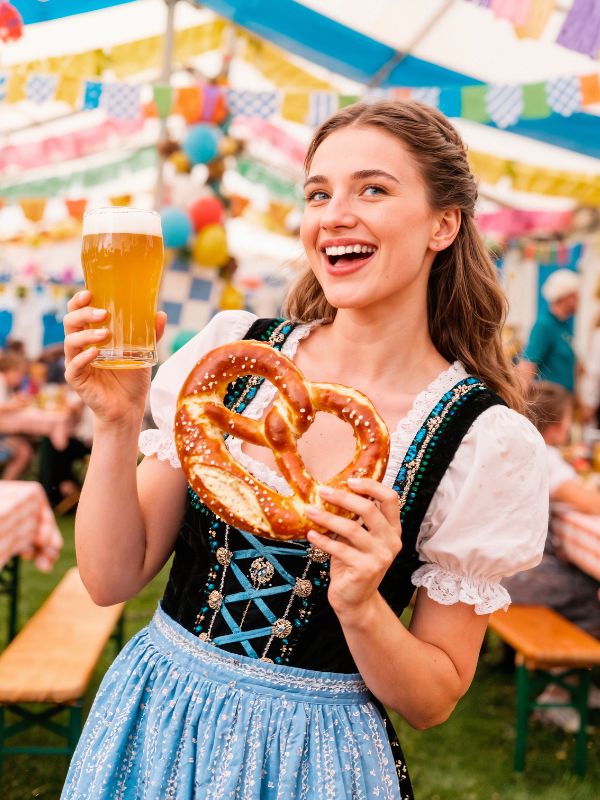 Ragazza caucasica indossa un abito tradizionale bavarese, con grembiule celeste, corpetto nero e camicia bianca, simbolo della Germania. Ha in mano un bretzel e un boccale di birra.
