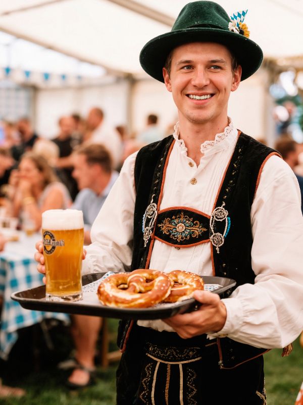 Ragazzo bianco serve una piatto tipico tedesco, bretzel e birra, mentre indossa un abito simbolo della Germania, con gilet e cappello alla bavarese.