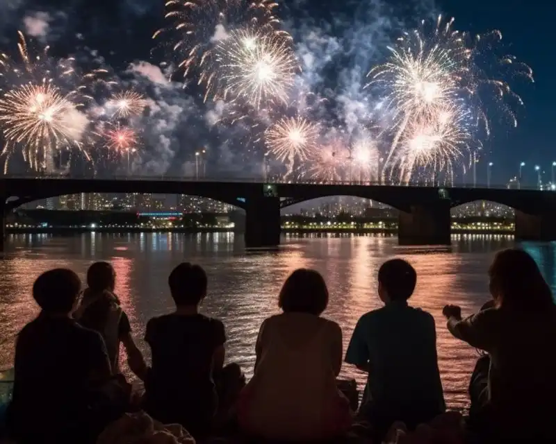 Gente che guarda i fuochi d'artificio sul fiume Reno, una delle feste tedesche più spettacolari.