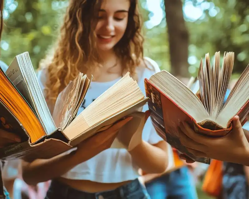 Ragazza con capelli biondi e maglietta bianca legge un libro. Una curiosità sulla Germania ci ricorda che la stampa a caratteri mobili è stata inventata proprio qui.