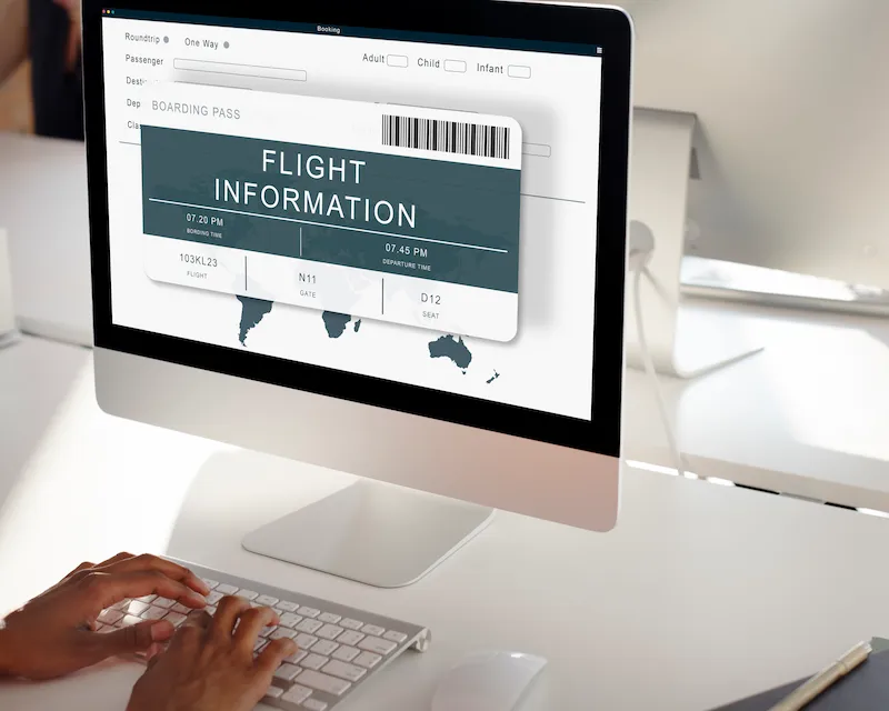 Schermata di check in online da computer con carta d'imbarco e informazioni sul volo
