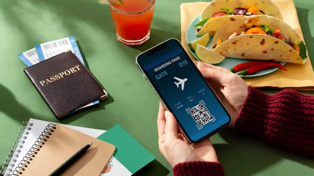 Mano che tiene uno smartphone con carta d'imbarco digitale e codice QR, accanto a passaporto e biglietti aerei
