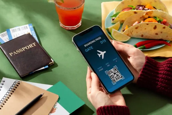 Mano che tiene uno smartphone con carta d'imbarco digitale e codice QR, accanto a passaporto e biglietti aerei