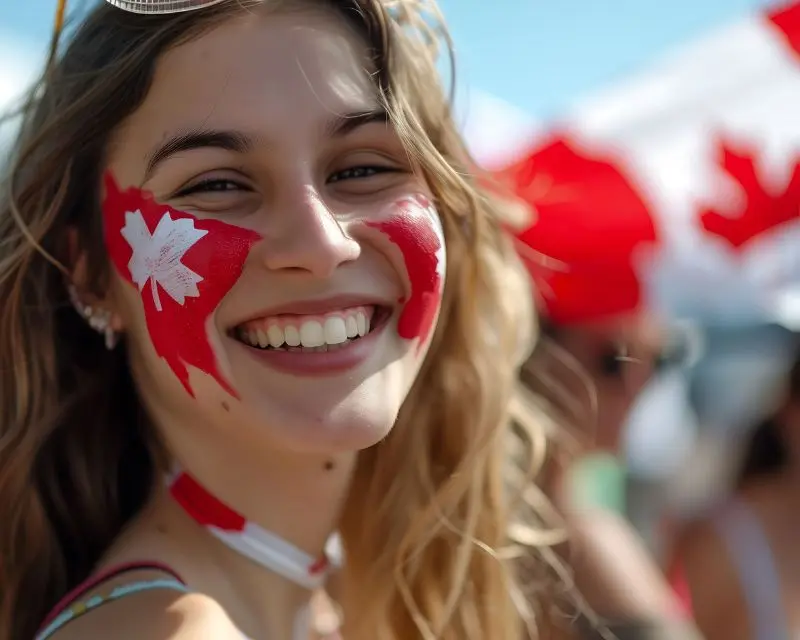 Ragazza truccata con i colori del Canada ride perché ha appena scoperto che in alcune città non si può dipingere la casa con il viola.
