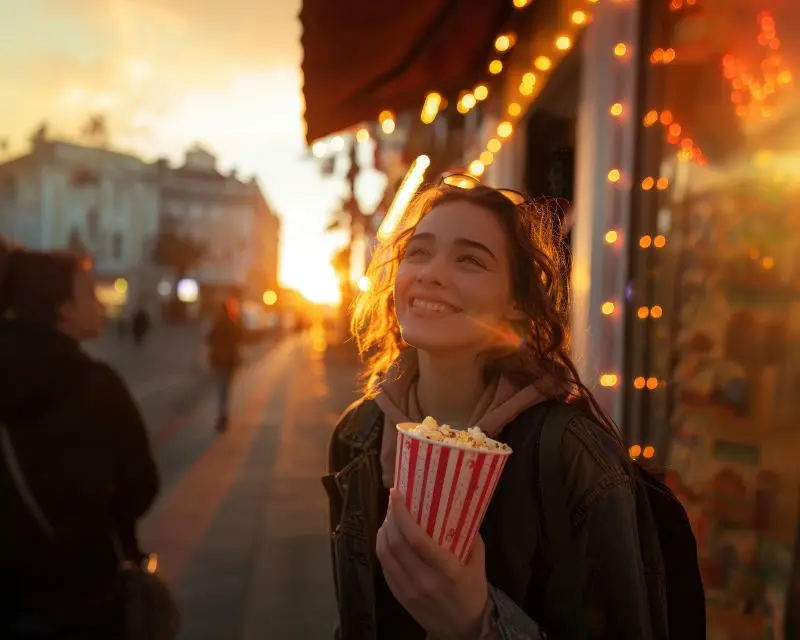 Ragazza felice con i popcorn in mano sta per andare al cinema in Francia che (per curiosità) è stato inventato proprio in questo Paese.