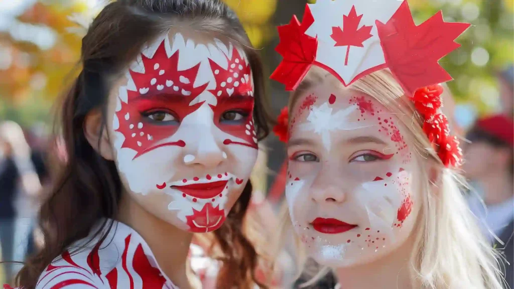 Due giovani ragazze festeggiano il Canada Day per onorare la tradizione canadese, truccandosi con i colori della nazione