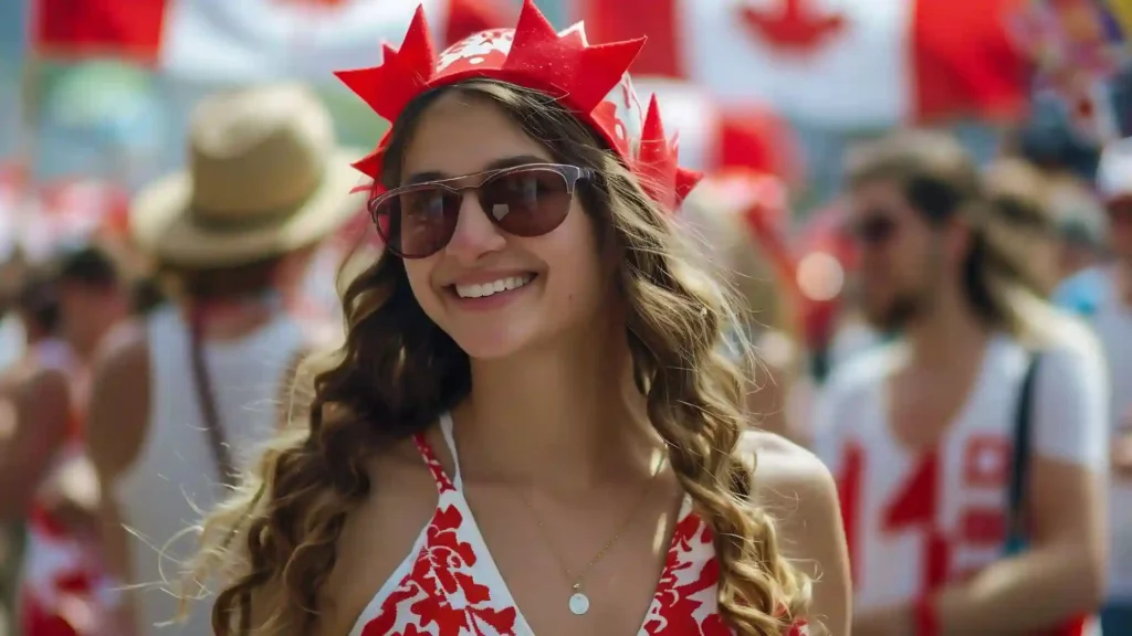 Ragazza con occhiali da sole e costume indossa una fascia con le foglie di acero, uno dei simboli del Canada.