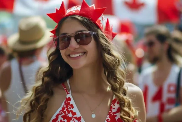 Ragazza con occhiali da sole e costume indossa una fascia con le foglie di acero, uno dei simboli del Canada.