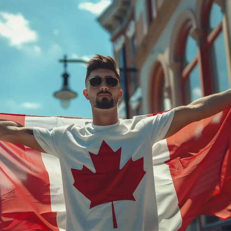Ragazzo indossa una maglietta bianca con una foglia di acero rossa, simbolo del Canada.