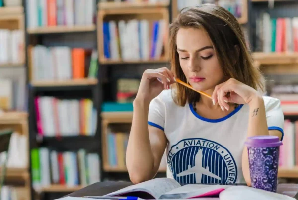 Ragazza con capelli lisci e maglietta bianca e celeste sta valutando in che modo imparare l'inglese in modo efficace.