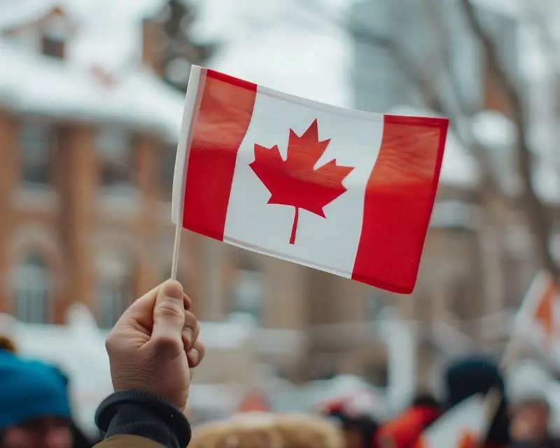 Ragazzo che è arrivato in Canada tiene in mano la bandiera della nazione e si aspetta di conoscere, poco alla volta, tutti gli Stati del Canada.