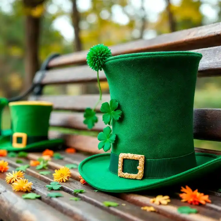 Cappello verde tipico della cultura irlandese su una panchina in un parco.