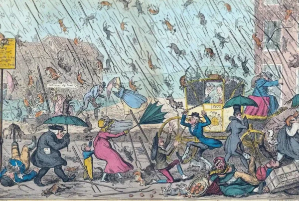 Illustrazione storica di George Cruikshank che mostra gatti e cani che cadono dal cielo tra la folla, ispirata al modo di dire in inglese raining cats and dogs