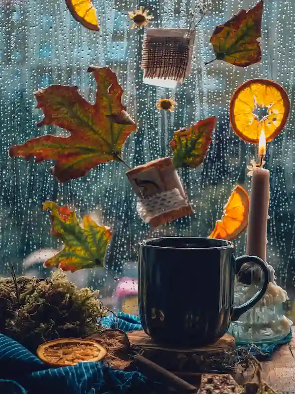Tazza scura davanti a una finestra con gocce di pioggia, foglie autunnali e fette d'arancia sospese in aria, a evocare il modo di dire in inglese a storm in a teacup