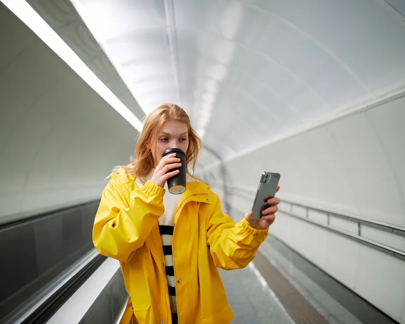 ragazza impara l'inglese con l'AI sul telefono in metro.